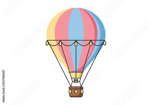 Colorful hot air balloon with a basket vertical stripes of yellow pink and blue attached by cords