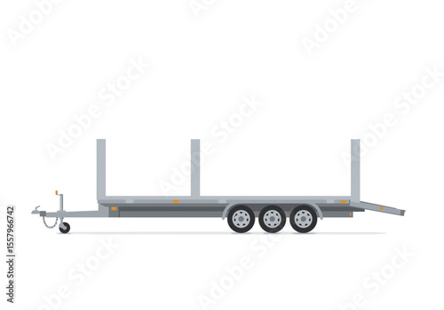 Gray trailer with three axles ramps and light posts is depicted in a vector image on a white background