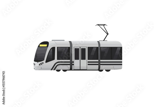 Gray tram with a black antennalike structure on its roof traveling on a white background