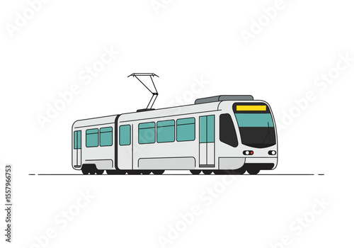 Gray tramstreetcar with blue windows and a yellow band on a white background