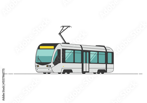 Illustration of a white tram with a pantograph on a plain bright backdrop
