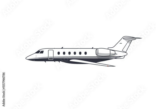 Jet plane in side profile shows pointed nose cockpit fuselage wings engine pods and tail assembly set on a white background