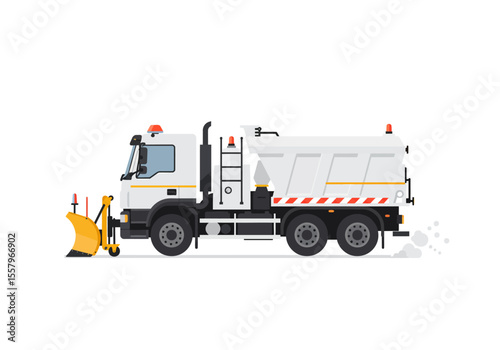 Side view of a white snowplow truck with yellow snowplow and salt spreader attached