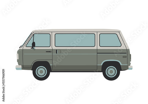 Side view of a grey and white vintage van