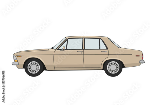 Side view of a tan car with black tires and silver hubcaps