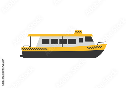 Side view of a yellow and black water taxi with checkered pattern