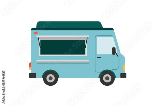 Teal food truck with a service window and a dark green roof