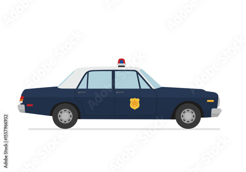 Side view of a police car featuring a blue body white roof shield emblem and emergency light on a white background