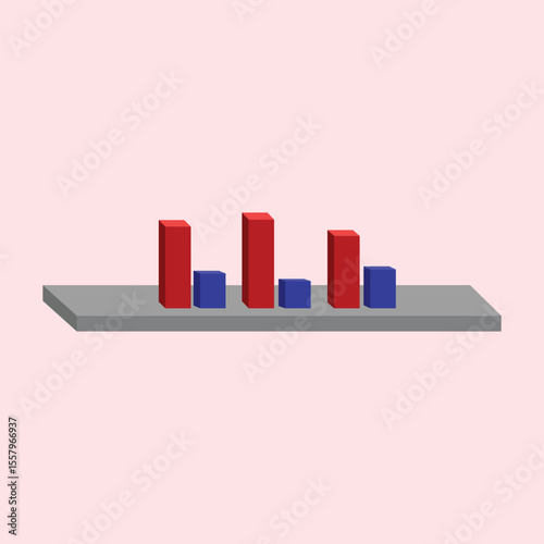Illustration of a bar chart with red and blue bars on a shelf. diagram bar graph chart isometric icon. A 3D bar chart on a gray platform showing red and blue bars in pairs