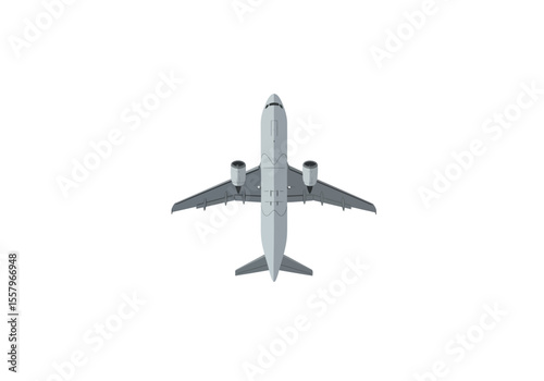 Top view of a gray commercial airplane with engines under the wings