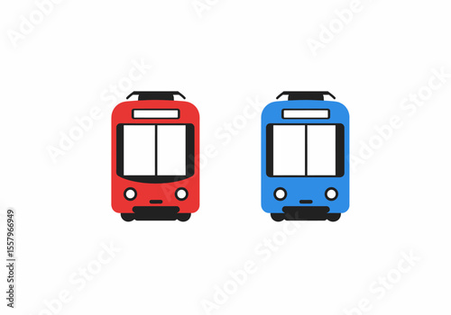 Two stylized trolley buses one red and one blue face forward against a white background