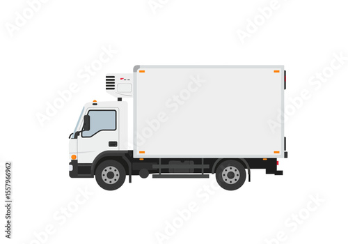 White box truck with a refrigeration unit showcasing its side view