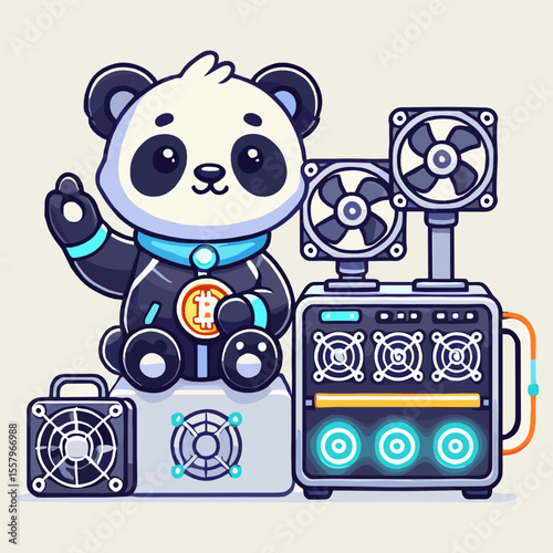 Cartoon Panda Operating a Cryptocurrency Mining Machine Vector Illustration