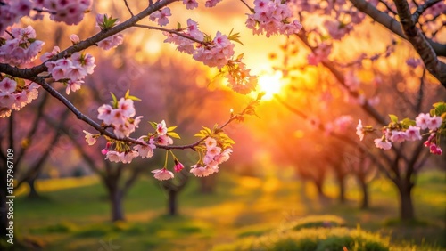 Golden Hour Bloom Delicate Pink Blossoms Illuminated by the Setting Sun in a Serene Orchard Setting