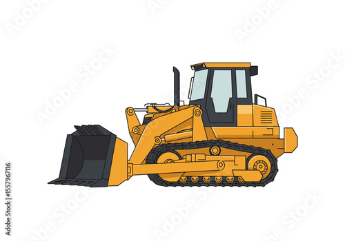 Yellow bulldozer illustration with large blade and track wheels