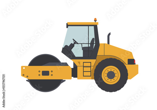 Yellow construction vehicle with a black drum and a transparent cab