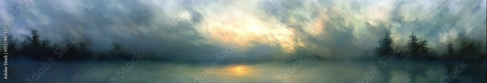 Fototapeta premium Misty forest landscape at sunrise with soft golden light breaking through dense fog and silhouetted evergreen trees