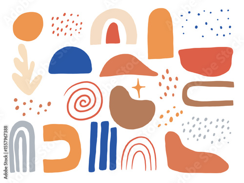 Playful Freeform Doodle Shape Collection. A vibrant collection of 22 abstract hand drawn elements including rainbows blobs textures arches and organic shapes in warm tones. Perfect for stickers poster