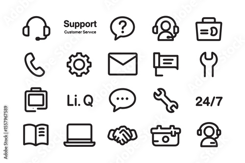 Collection of customer support and service icons in a clean line art style