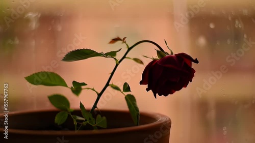 Red rose in pot against rainy window, moody