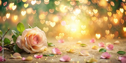Romantic pastel rose with scattered petals and bokeh heart shaped lights in soft focus background