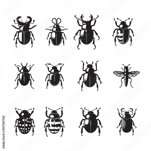 Collection of stylized black and white insect silhouettes on a white background