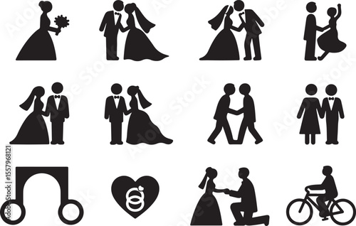 Collection of wedding and relationship icons in silhouette form