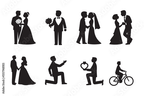 Wedding couple silhouettes showing various romantic moments and proposal