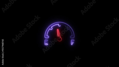 Glowing neon fuel icon animation black background. 4K Video motion graphic animation.Fuel gauge goes down from full to empty animation with gas level indicator and a red warning