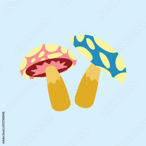 Illustration of button mushrooms, two colorful button mushrooms. Mushrooms are cute and can be used as a design element in children's fairy tale books.
