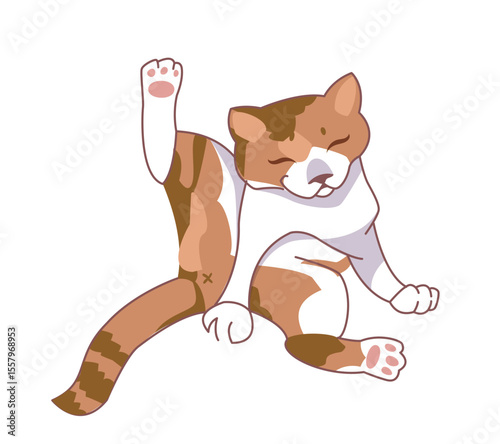 Cute cat cleaning itself calmly. Vector illustration