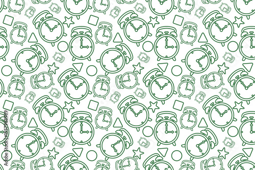 Seamless alarm clock pattern with playful retro vibe, colorful background, abstract quirky shapes,  time symbol repeat backdrop for learning stress theme and school academic deadline concept.