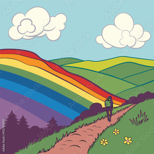 Hiker walks toward rainbow over rolling hills backpack
