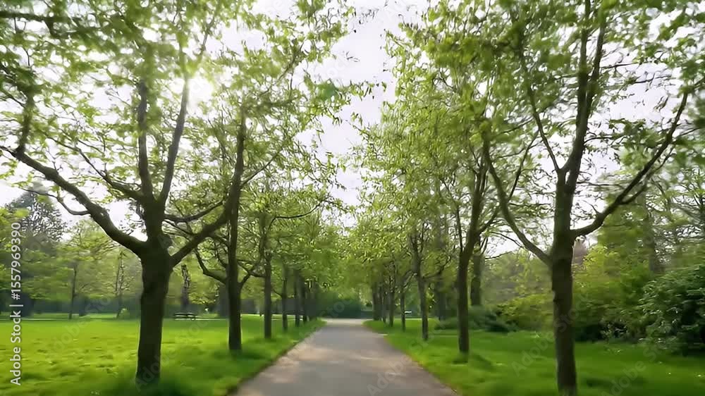 Avenue of trees lines a road in a park on a sunny day Avenue of trees lines a road in a park on a sunny day