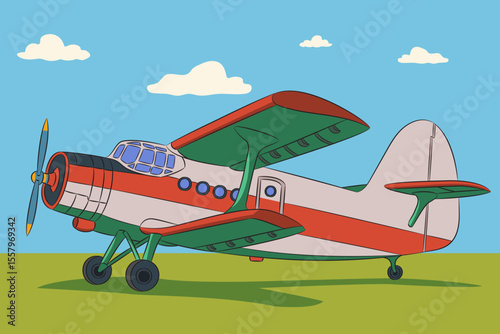 Cartoon biplane aircraft on grassy airfield