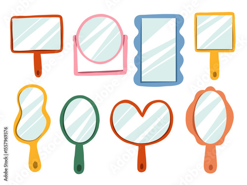 Whimsical Doodle Mirror Illustration. A playful set of 8 hand drawn mirrors in various shapes including oval rectangle and scalloped frames with soft reflections. Perfect for beauty themes stickers