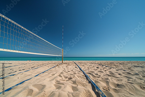 A serene beach volleyball court with smooth sand, a taut net, and a bright blue ocean in the background. Smooth Sand Volleyball Court Overlooking Tropical Waters

