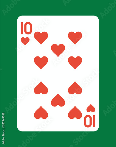 Ten of hearts playing card on green table. Vector illustration