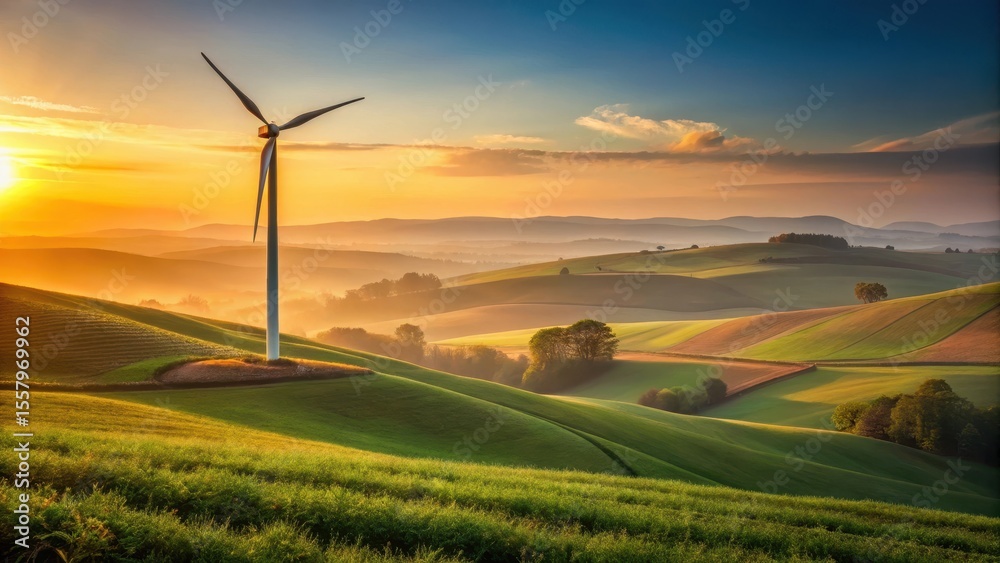 Obraz premium Golden Hour Serenity A Wind Turbine Stands Tall Amidst Rolling Green Hills Bathed in the Warm Glow of Sunrise