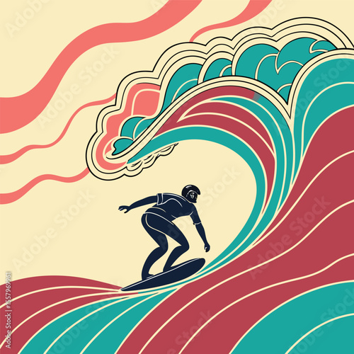 Surfer riding a stylized wave surfing ocean