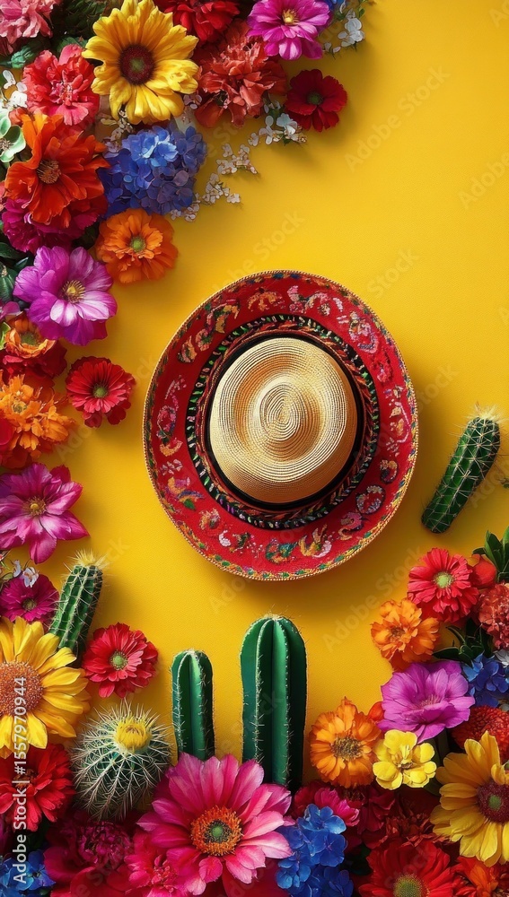 Fototapeta premium Colorful floral arrangement with various flowers and three green cacti surrounding a woven hat with intricate red and black patterns on a bright yellow background, evoking a festive and vibrant mood