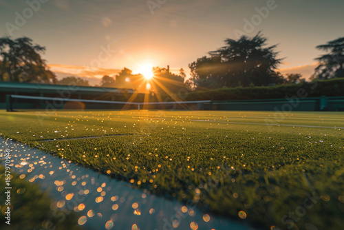 Sunrise Over a Serene Tennis Court with Dewy Morning Grass

