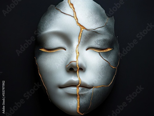 A close-up of a serene white mask with closed eyes featuring golden cracks symbolizing repair and resilience on a dark background
