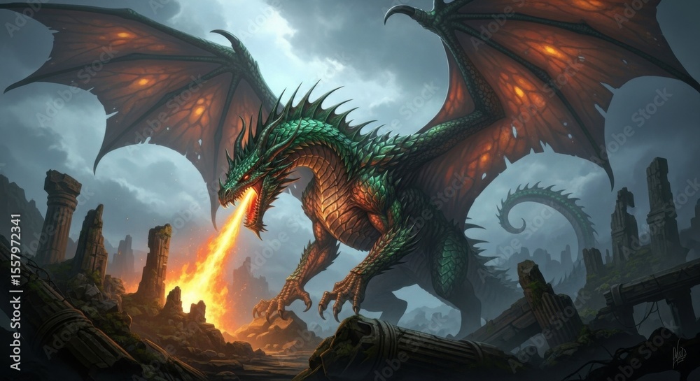 Fototapeta premium Majestic green dragon unleashes fiery breath amidst ancient ruins and stormy skies
