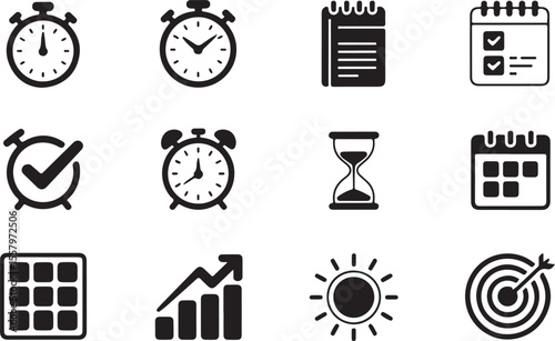 Time Management Icons Clock, Schedule, Calendar, Goal Setting, Productivity