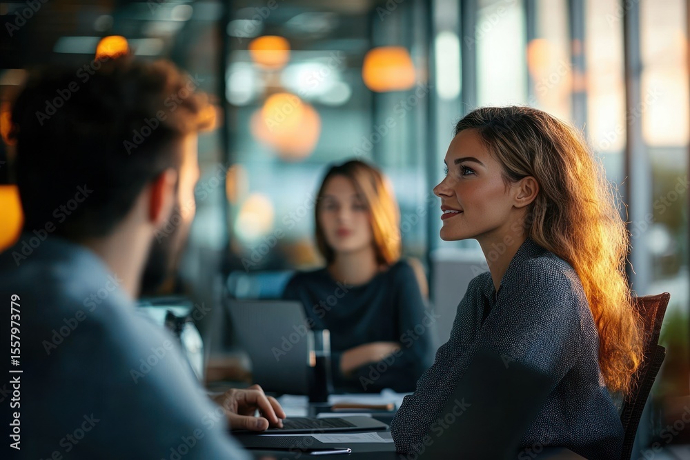 Fototapeta premium Three young adults engaged in conversation around a table in a modern office setting with warm lighting and a relaxed atmosphere