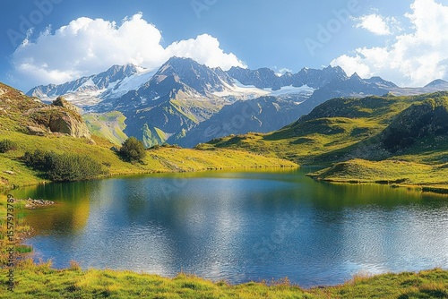 Fototapeta Naklejka Na Ścianę i Meble -  Serene mountain lake surrounded by lush green hills with snow-capped rocky peaks under a bright blue sky with fluffy white clouds