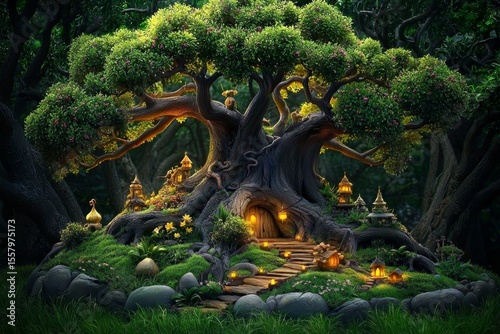 Magical Sakura Grove Featuring Bonsai Trees and Elven Settlements