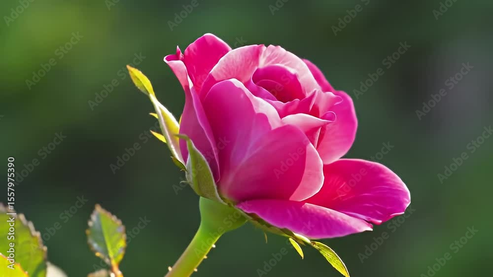 Pink rosebud, petals gently unfurling against a soft green backdrop Pink rosebud, petals gently unfurling against a soft green backdrop