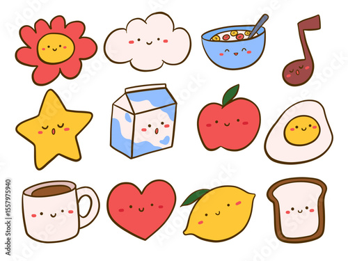 Adorable Kawaii Character Icon Set. A cheerful set of 12 kawaii icons featuring smiling food items musical notes clouds hearts and more with cute faces. Perfect for stickers kids themes